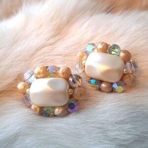 Clip-on earrings glass bead borealis , hrinstones and faux pearls